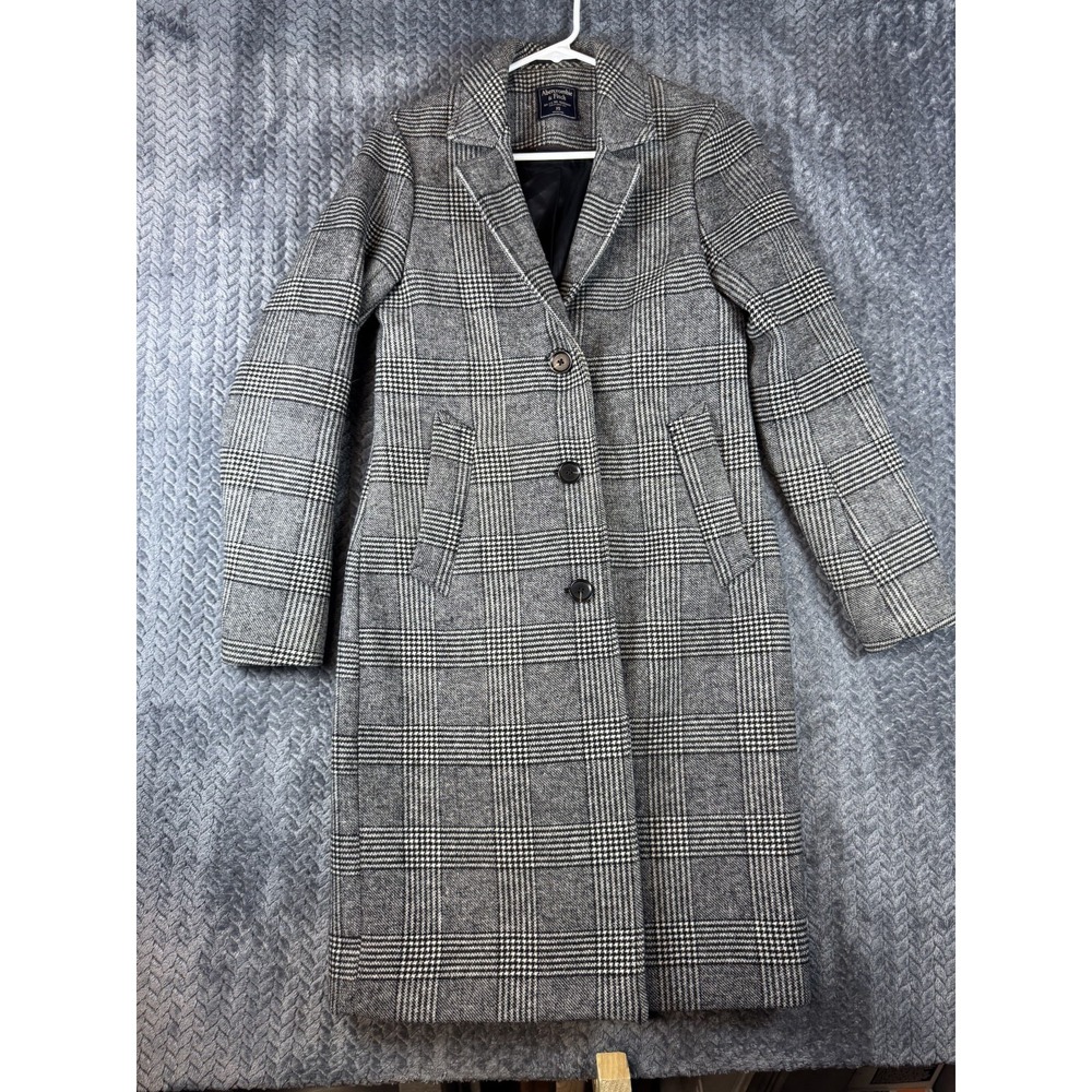 Abercrombie & Fitch Trench Coat Womens XS Gray Houndstooth Wool Blend Mid-Length